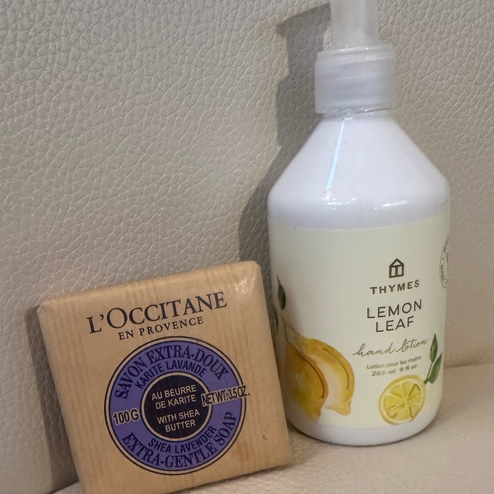 Thymes Lotion NWT Lemon Leaf Pump & L’Occitane Shea Lavender Bar Soap Set - Picture 2 of 5